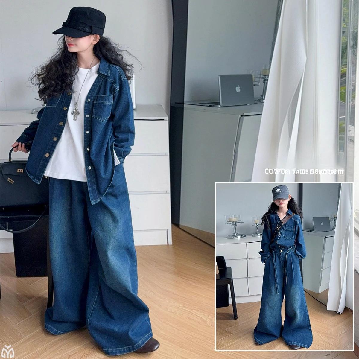 Costume de vêtements en denim pour adolescentes, design français, chemise en jean irrégulière + jean