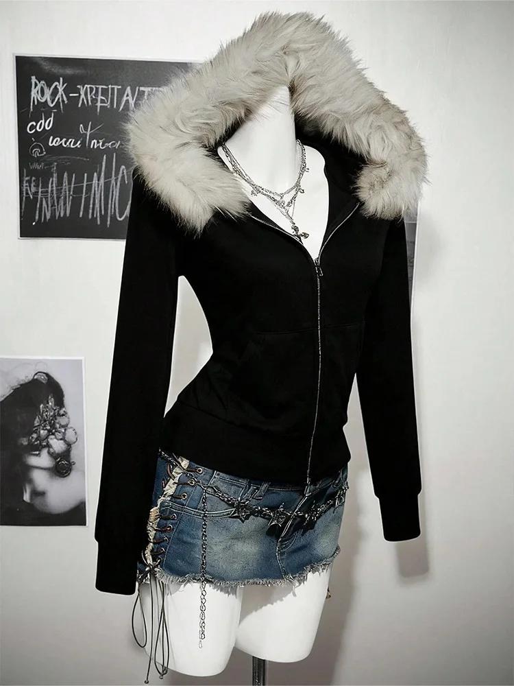 Y2K – sweat à capuche gothique Harajuku pour femmes, Sexy, Slim, Chic, col en fourrure en daim, lett
