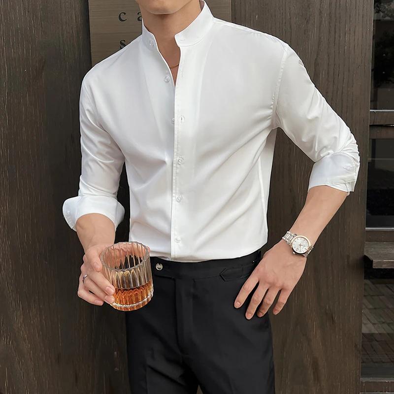 Chemise à col montant pour hommes, nouveau Style chinois, haut de gamme, manches longues, élastique,