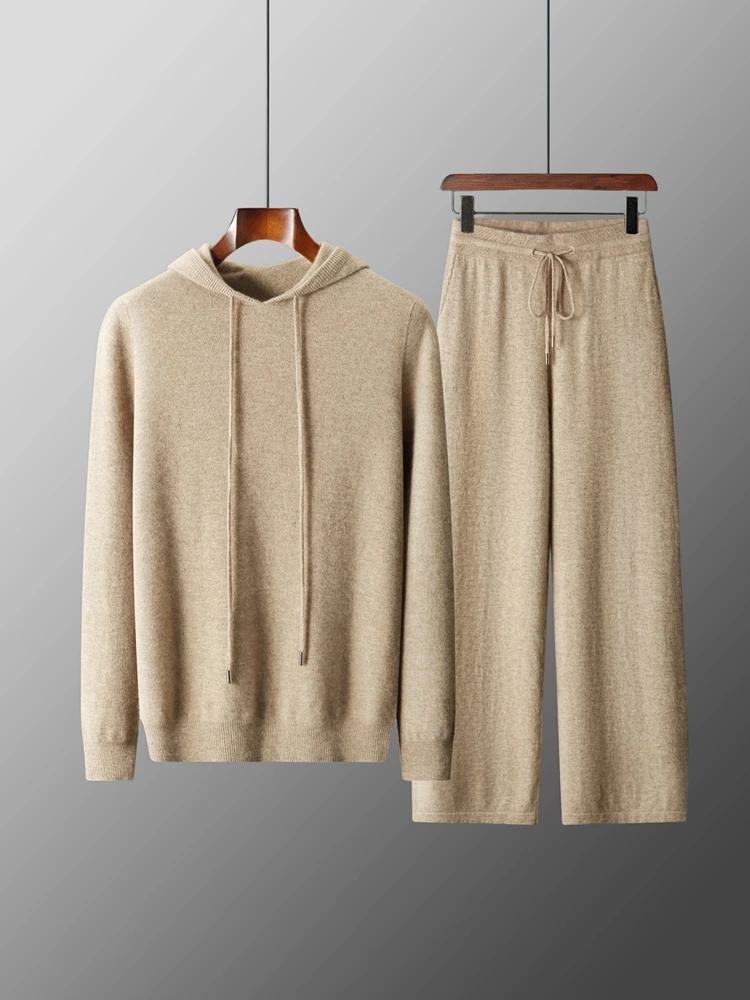 Costume deux pièces en laine mérinos pour hommes, pull tricoté à col à capuche et pantalon à jambes 