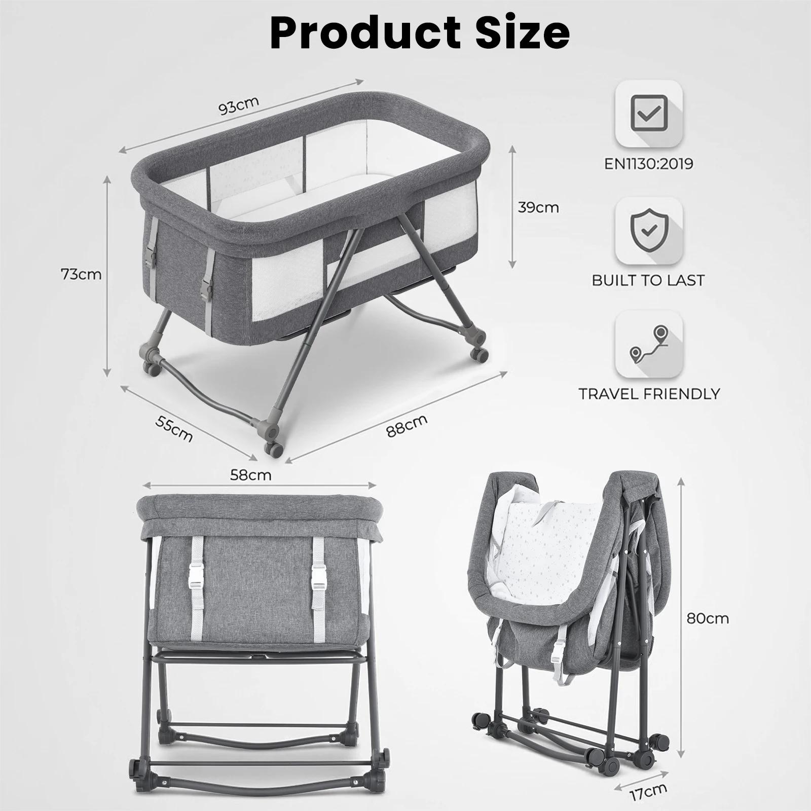 Lit de voyage convertible 4-en-1 pour bébé – Berceau à bascule avec roues silencieuses, design pliab