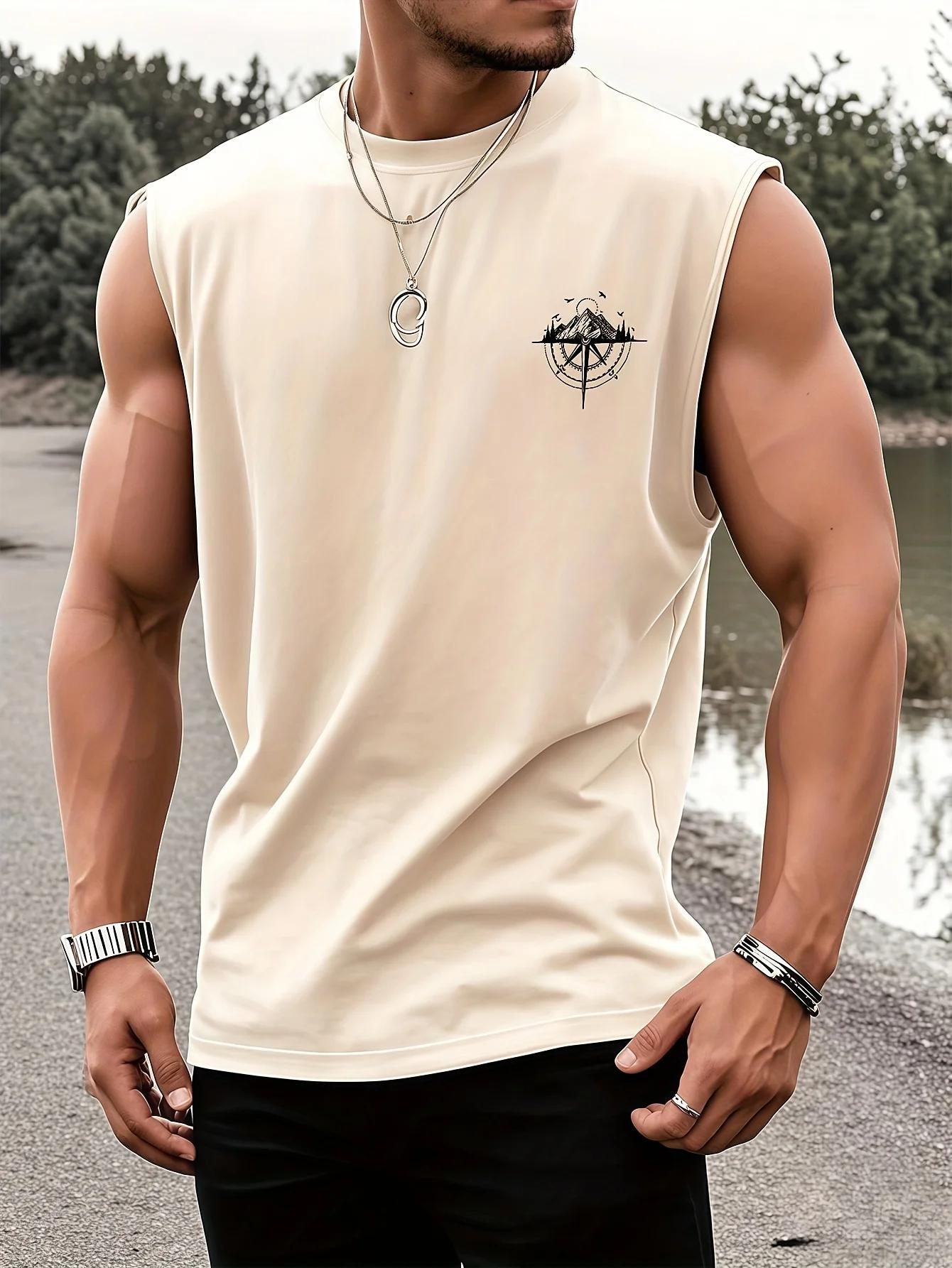 Gilet de sport décontracté à la mode pour hommes, boussole ample et motif de montagne imprimé, confo