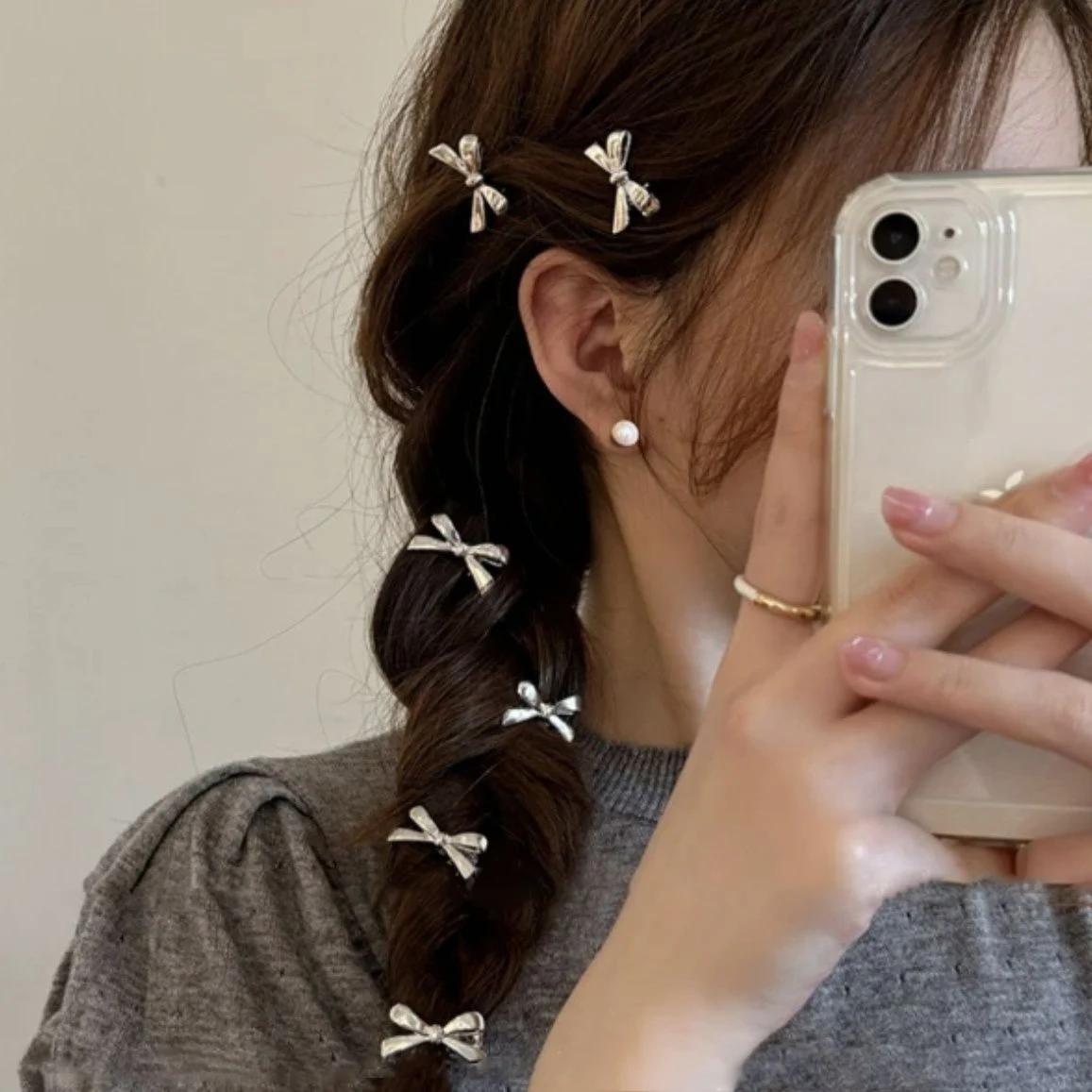 Mini épingles à cheveux avec nœud couleur or argent pour femmes, Barrettes à frange pour filles, pin