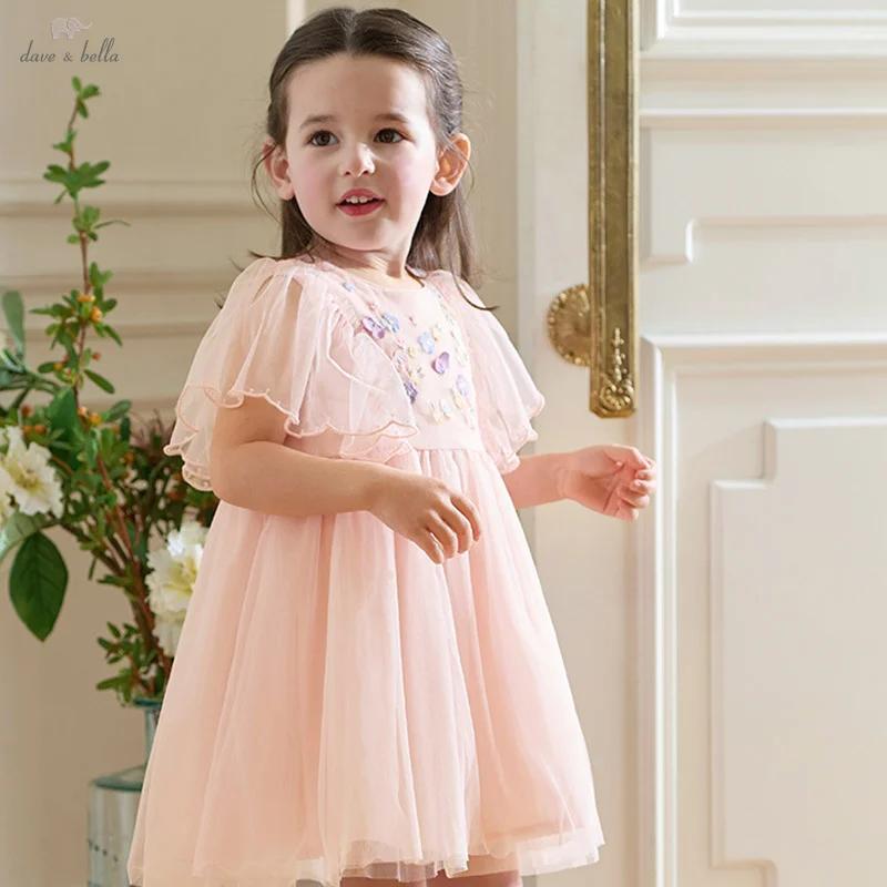 Dave Bella filles bébé robe de princesse été doux mignon broderie enfants maille robe élégante fête 