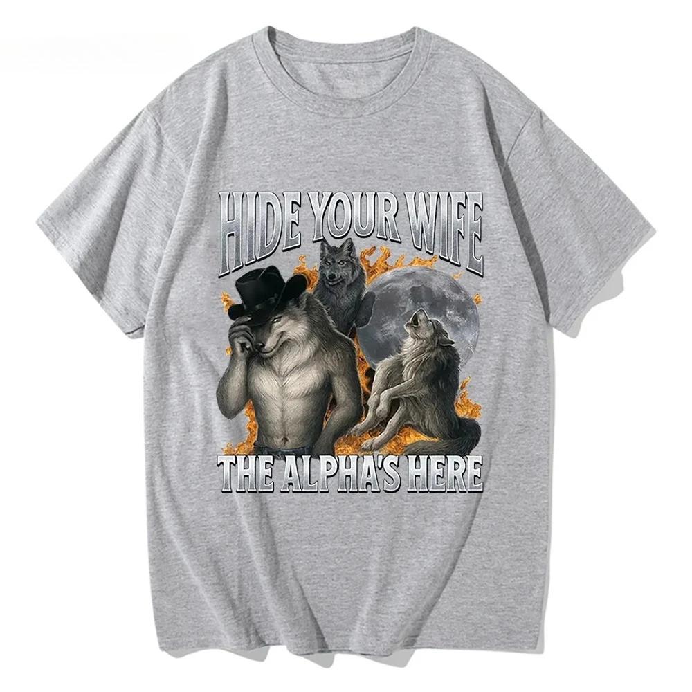 Cachez votre femme, l'alpha-loup arrive ! T-shirt Meme Loup-Garou Amusant, Chemise à Manches Courtes