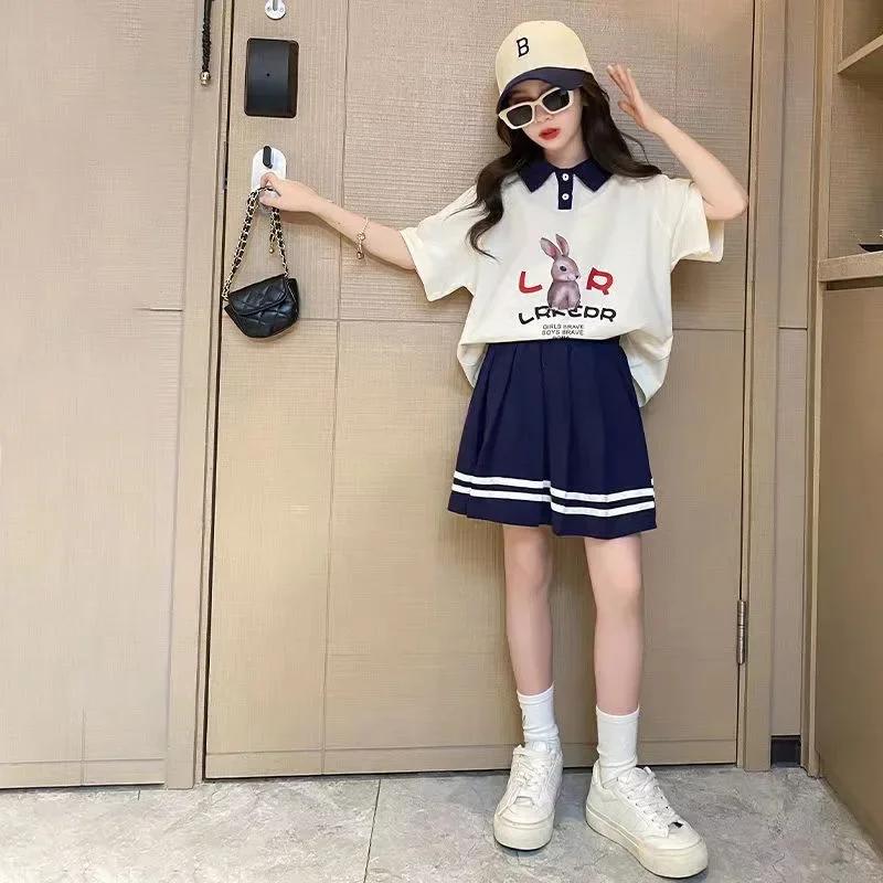 Ensemble de vêtements d'été pour adolescentes, t-shirt à revers et jupes plissées pour enfants, haut