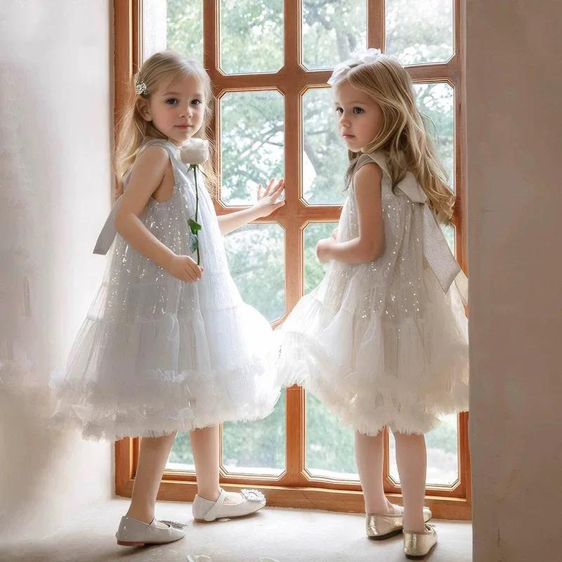 Robe d'été UNITIM pour fille, col Peter Pan, en maille scintillante, robe de princesse pour fête d'a