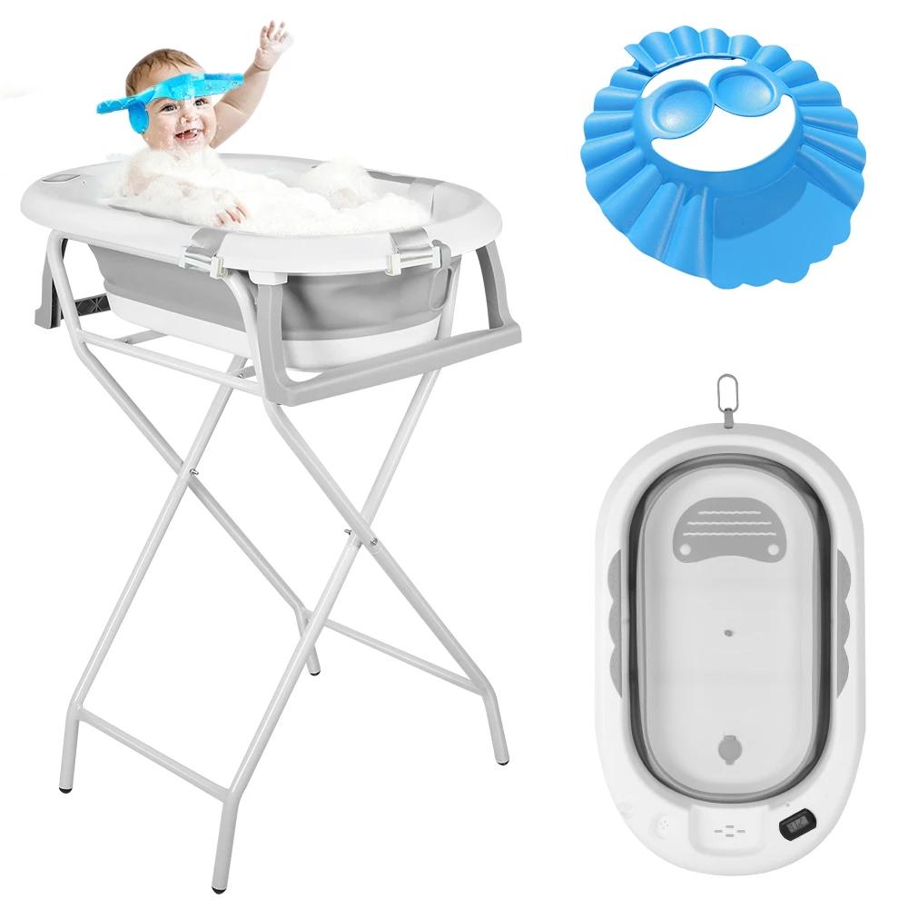 Baignoire Pliable Bébé avec Support en Acier, Thermomètre Intégré, Chapeau, Coussin Ergonomique et T