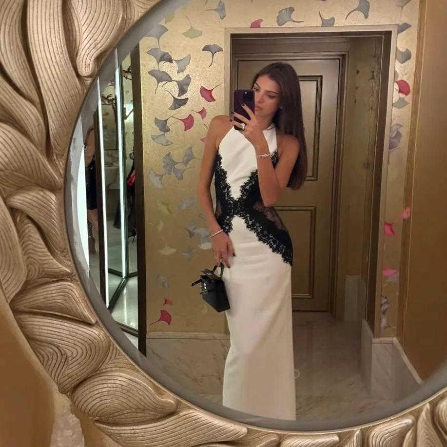 Élégant blanc robe longue femmes licou dos nu décontracté noir dentelle Patchwork fente Maxi robes s