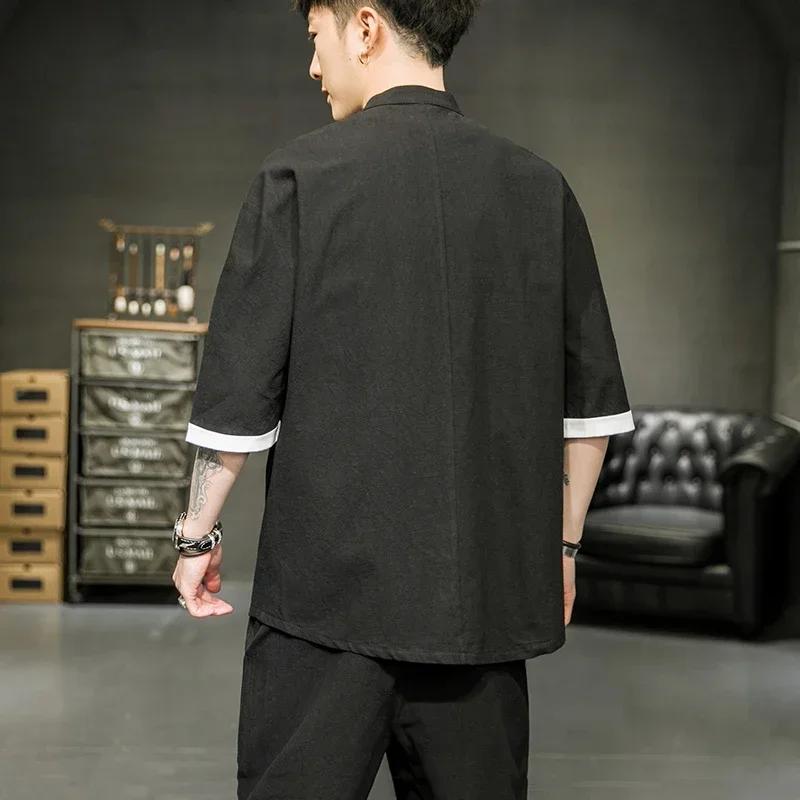 Chemise d'été de Style japonais pour hommes, col montant chinois, Yukata, Kimono samouraï, T-shirt b