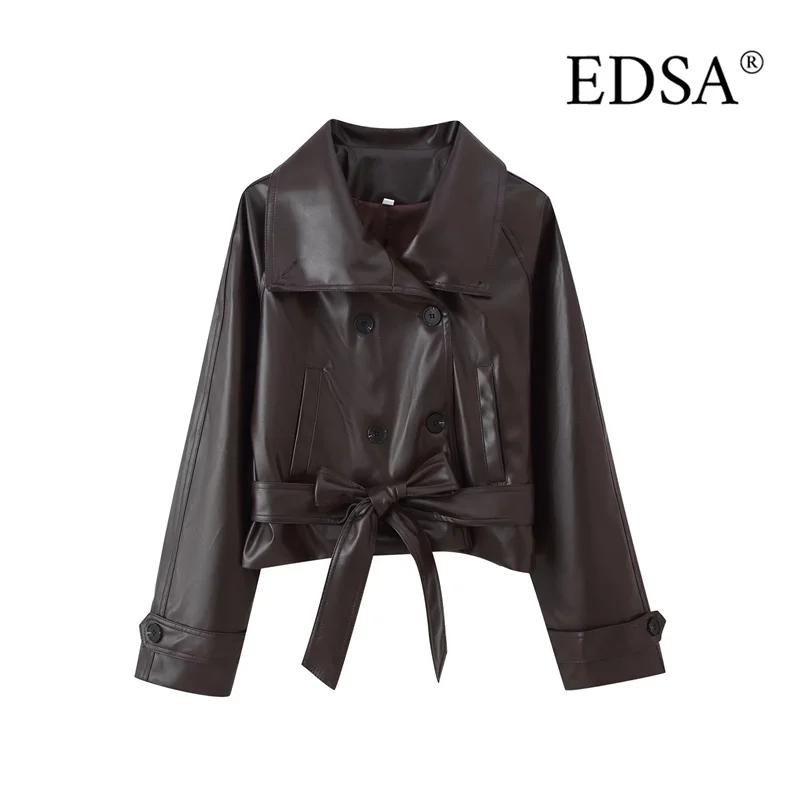 EDSA femmes veste courte en cuir PU avec ceinture Double boutonnage manches longues Vintage femme ma