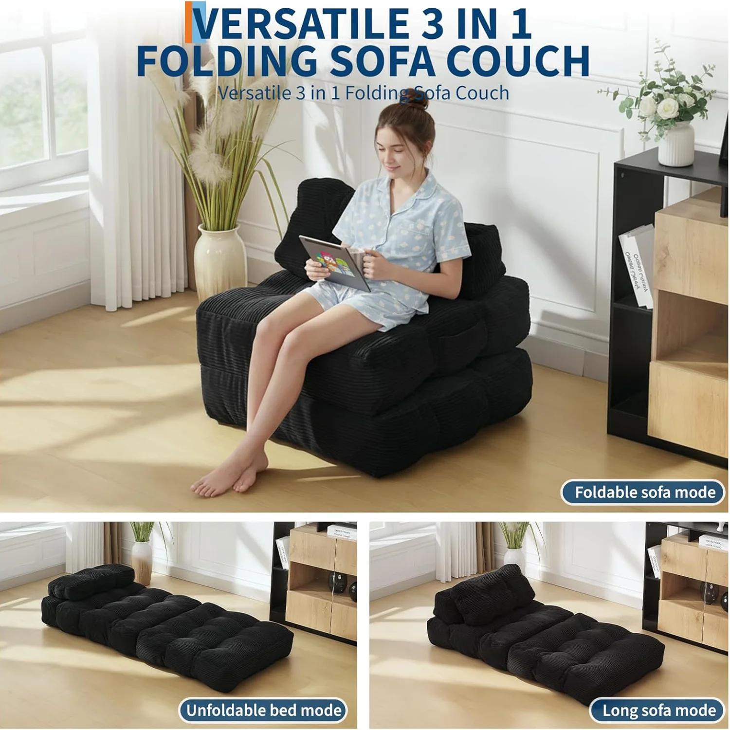 Canapé-lit pliable, fauteuil convertible avec oreiller, matelas pliable et poche latérale, fauteuil-