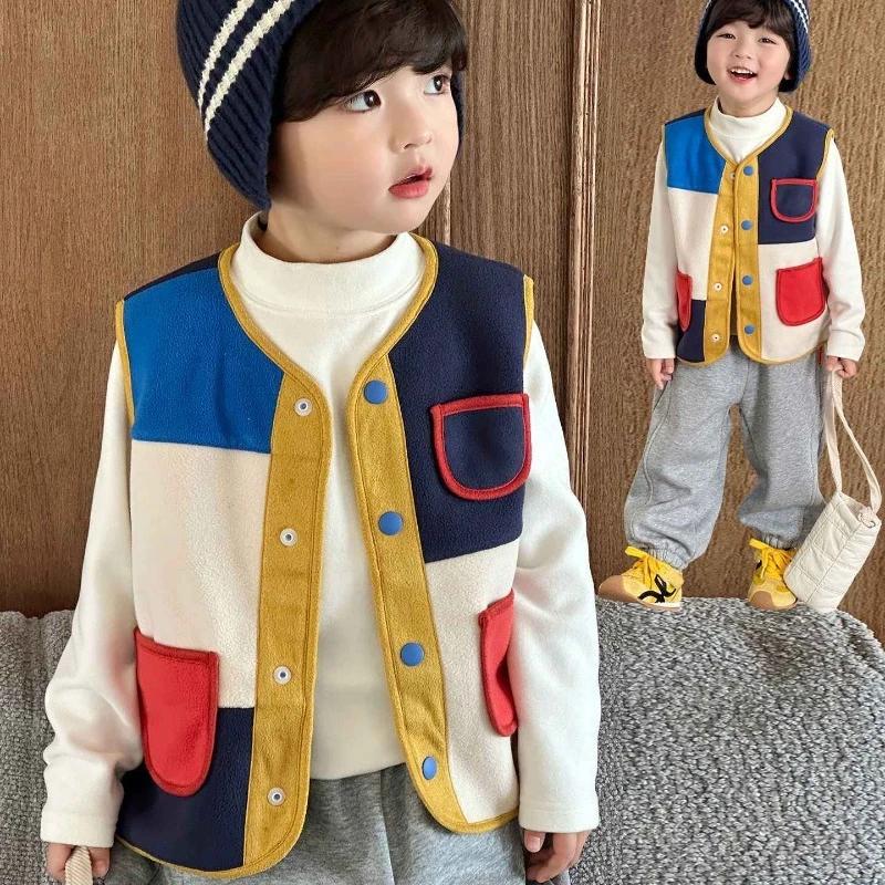 Gilet polaire pour enfants, Patchwork coloré, isolation thermique, chaud, pour garçons, nouvelle col
