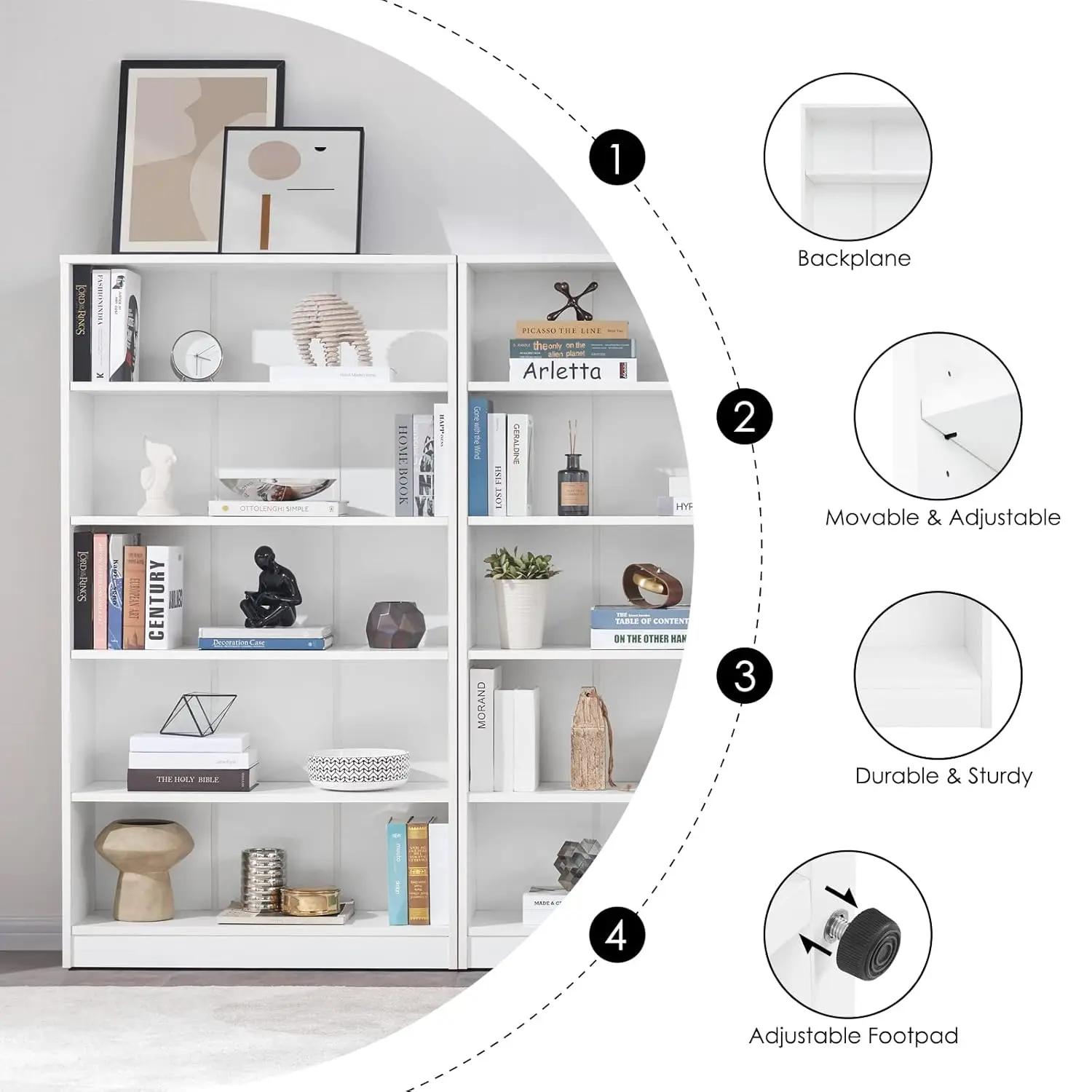 Étagère blanche pour chambre à coucher, bibliothèque de bureau à 5 étagères, 60 pouces de hauteur, b