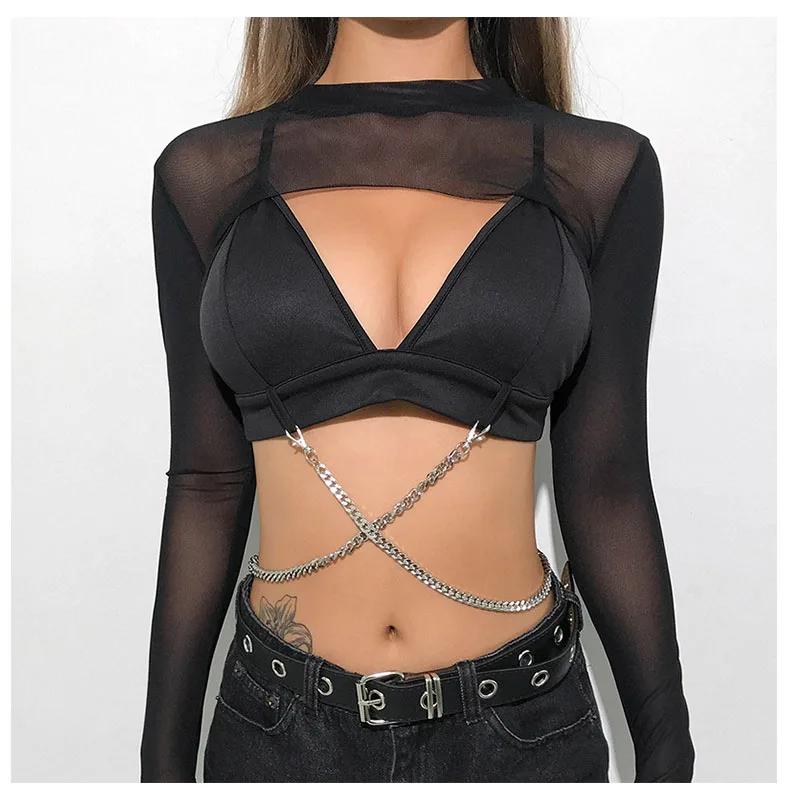 Sexy femmes haut court maille manches T-Shirt Sexy hauts évider Transparent hauts dames T-Shirt haut