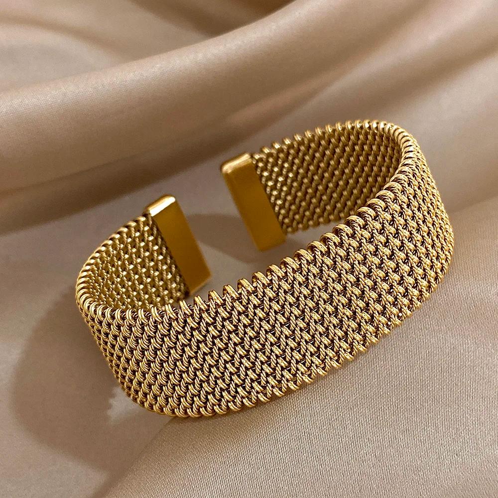 Bracelets manchette doré tissés Vintage pour femmes, élégants, tendance, en acier inoxydable, épais,