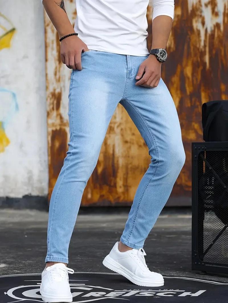 Homme pantalon rétro lavage fermeture éclair Stretch jean décontracté coupe ajustée pantalon mâle gr