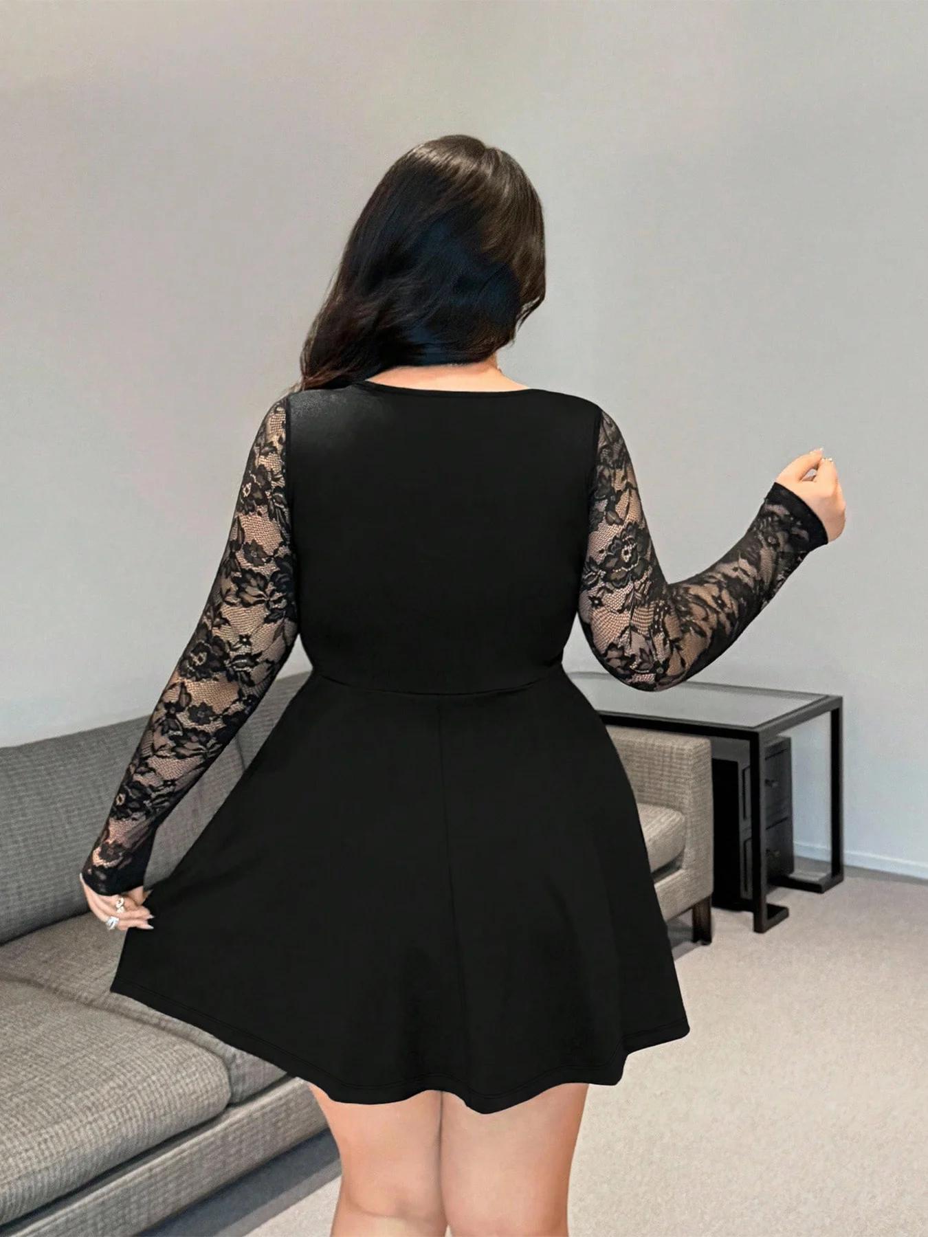 Robe en dentelle à manches longues pour femmes, grande taille, robe courte en dentelle, tenue décont
