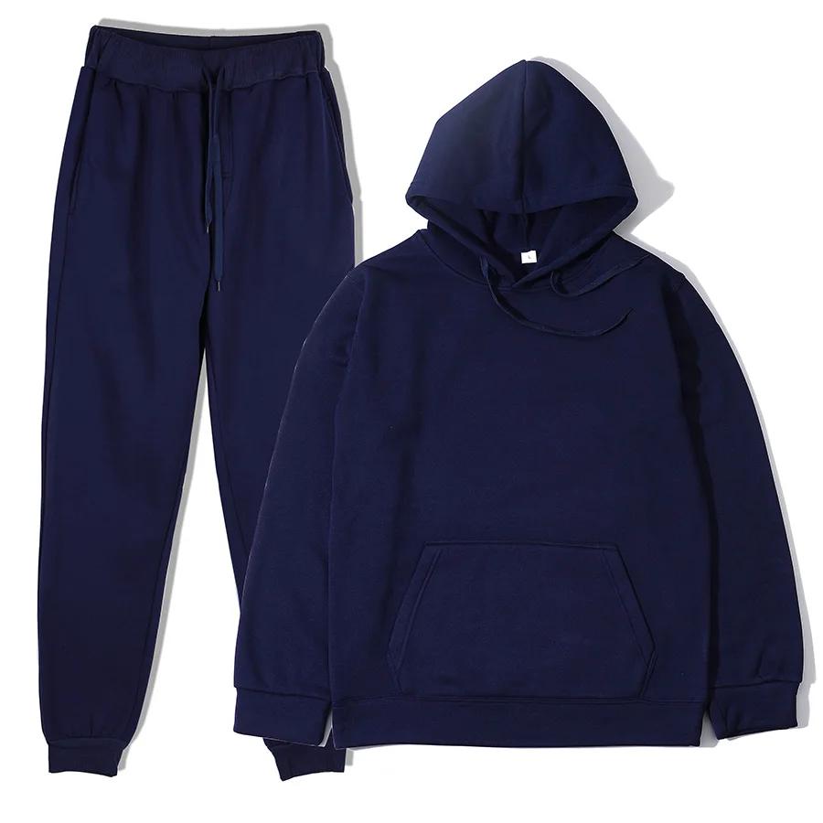 Homme automne et hiver nouvelle couleur unie sweat à capuche + pantalon deux pièces ensemble à la mo
