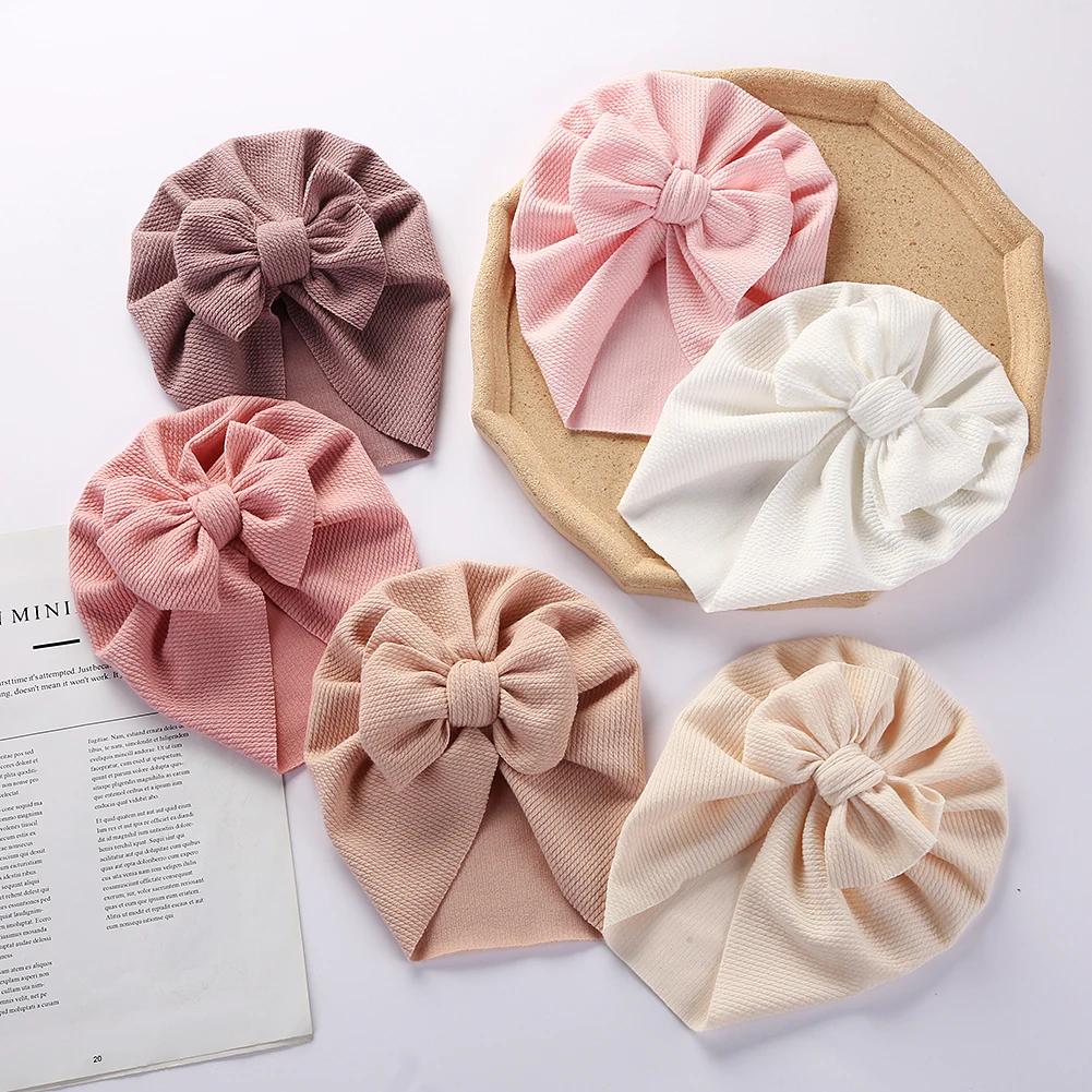 Turban côtelé texturé solide pour bébé, chapeaux avec nœud supérieur, pour nouveau-né, garçon et fil