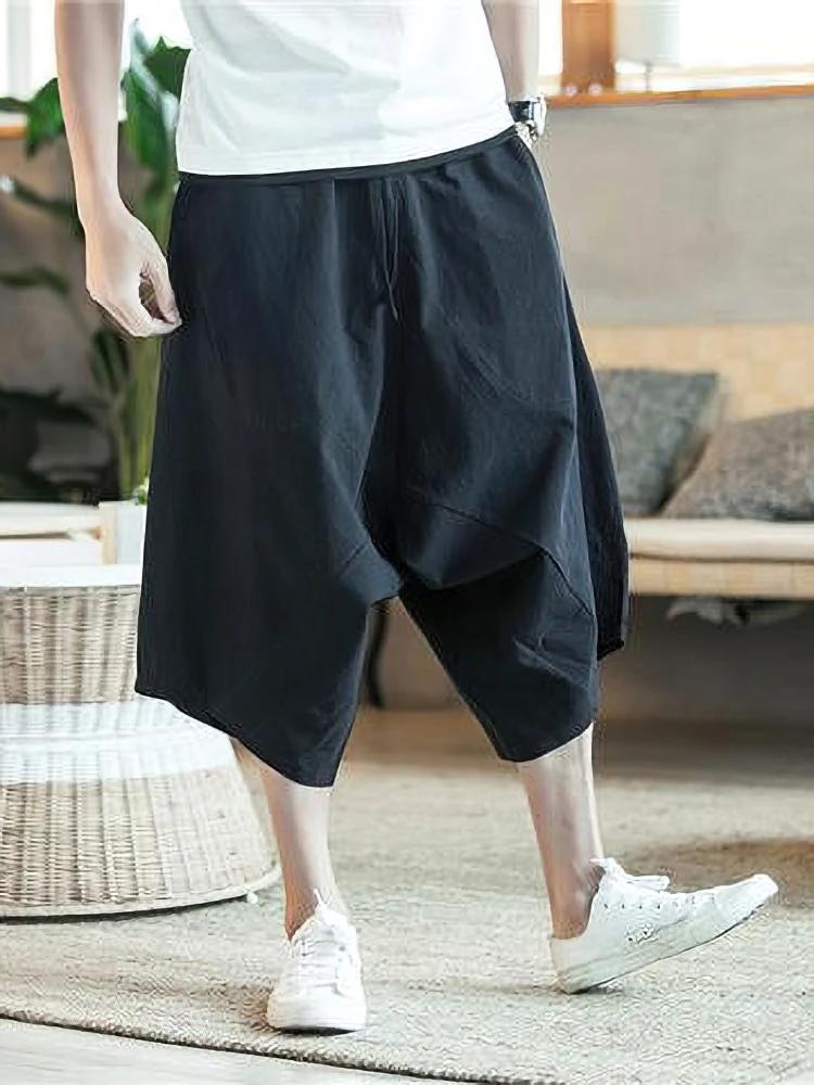 Été mince plage coton lin Shorts décontracté és hommes japonais jambe large Baggy Capris pantalon mâ