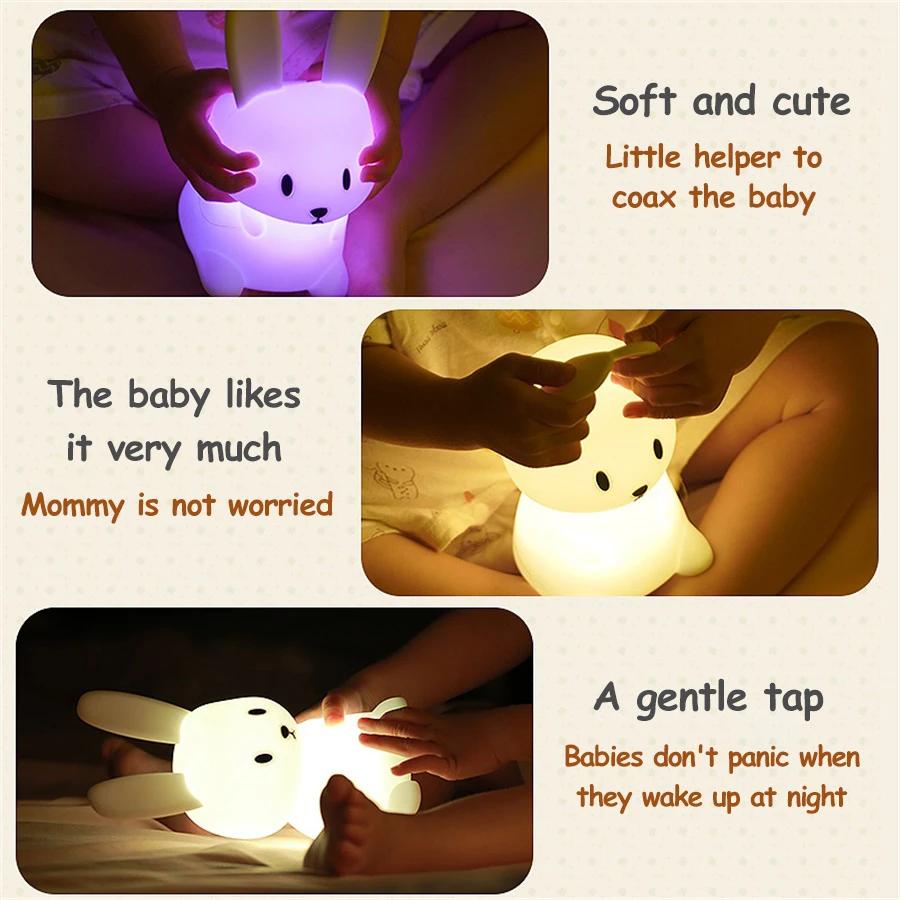 LED veilleuse mignon lapin Animal dessin animé Silicone lampe réglable USB Rechargeable pour enfants