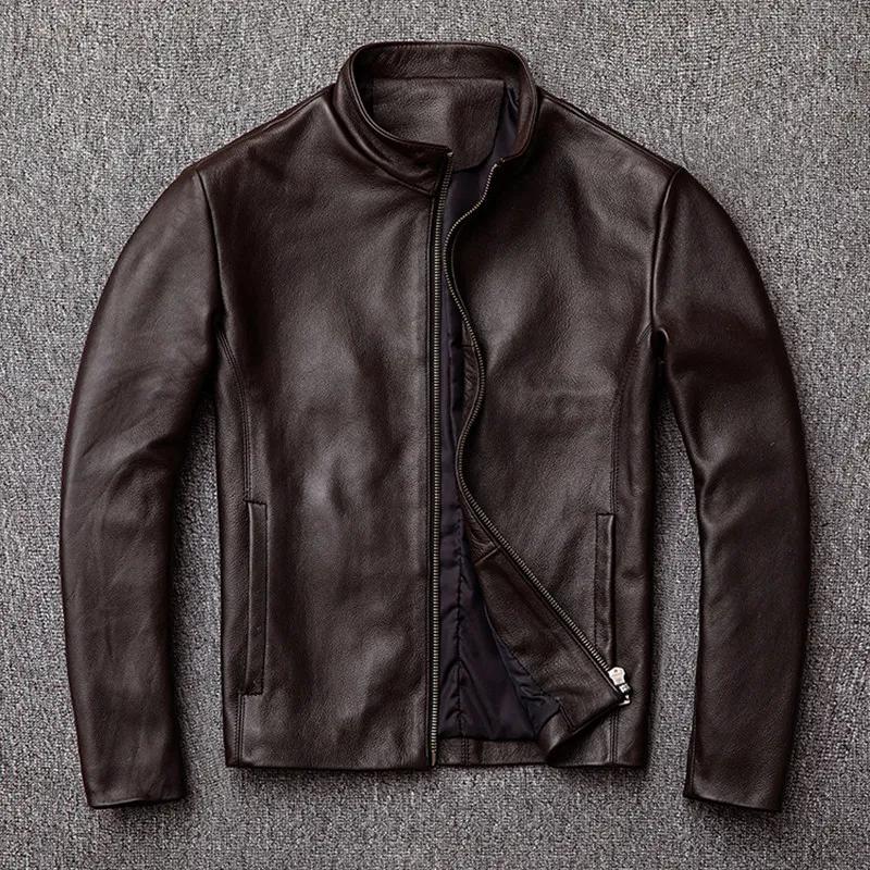 Veste en cuir véritable pour homme, coupe slim, col montant, première couche de cuir de vachette, vê