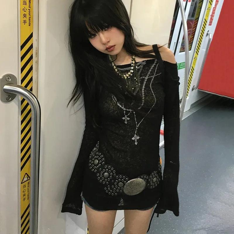 Karrram japonais Y2k hauts tricotés Grunge tatouage imprimé T-shirt à manches longues côtelé Vintage
