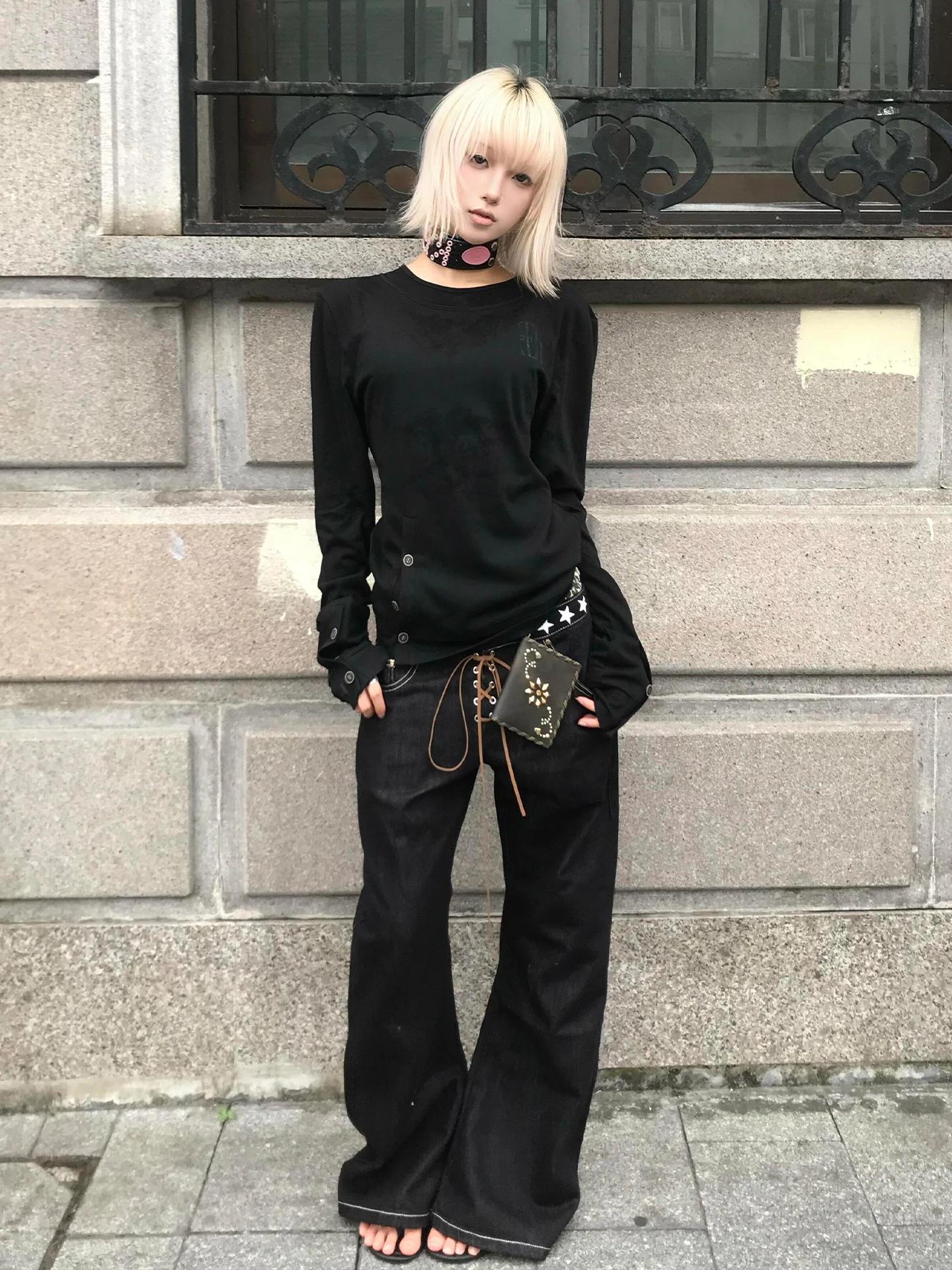 Genayooa gothique Vintage T-shirt femmes à manches longues bouton Y2k rétro noir Grunge hauts Street