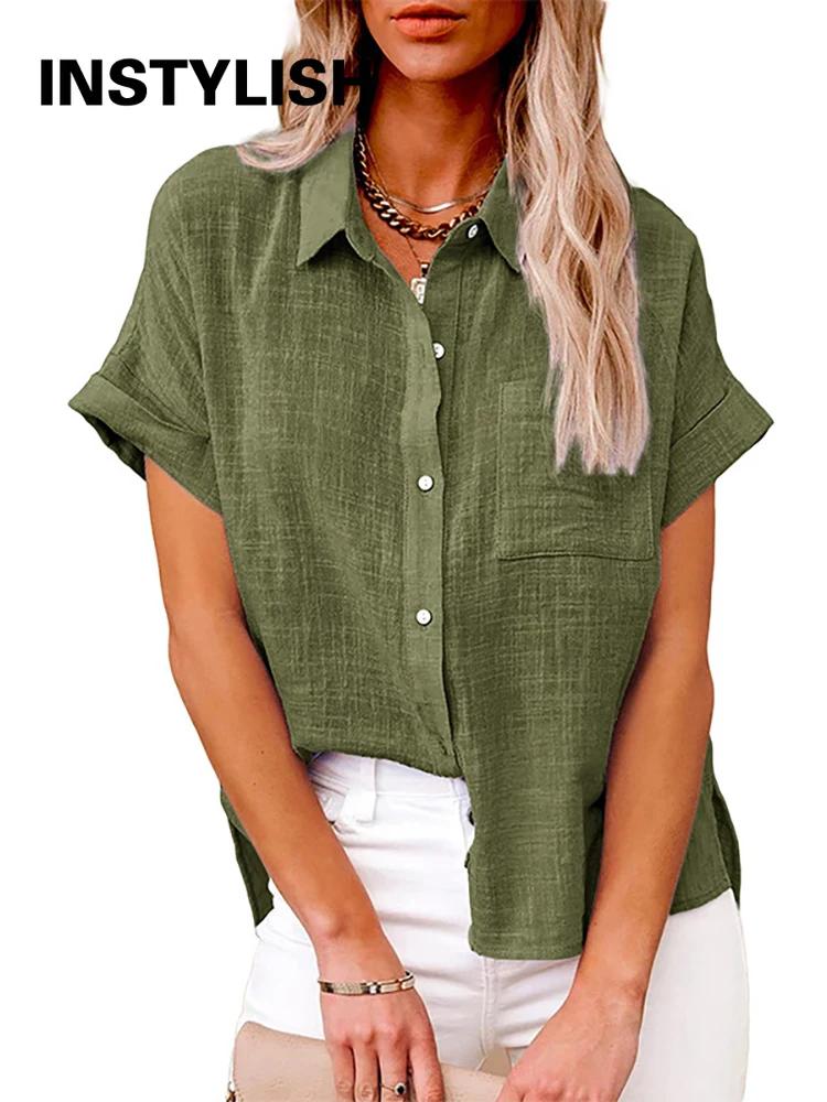 Chemisier ample en coton et lin pour femmes, décontracté, couleur unie, manches courtes, Vintage, Ha