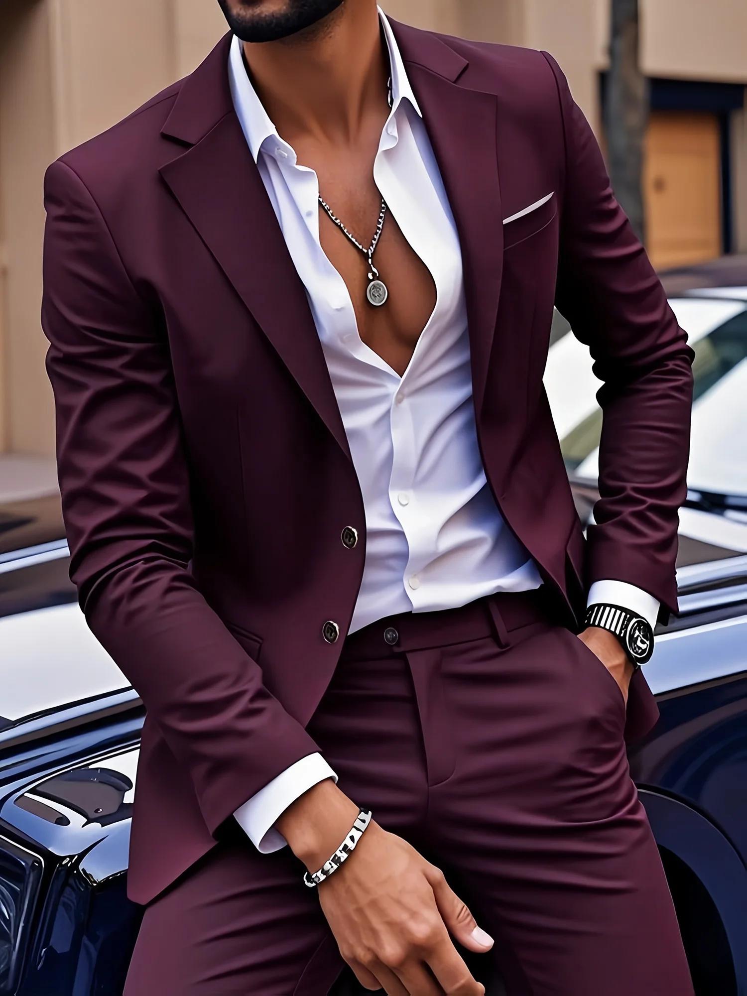 Ensemble de costume 2 pièces bordeaux pour homme (blazer + pantalon uniquement, gilet non inclus), v