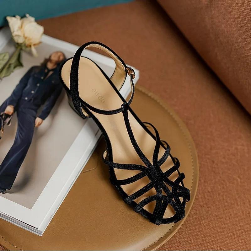 Sandales rétro en velours pour femmes, chaussures de printemps vintage, gladiateur avec sangle, Park