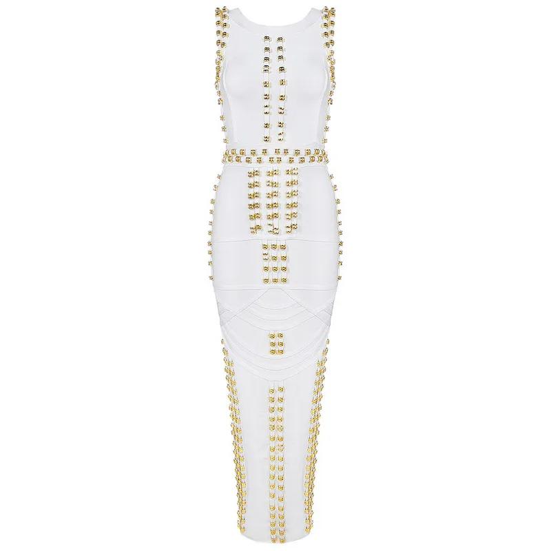 Style classique femmes sans manches col rond Sexy moulante pansement longue robe célébrité mode tapi