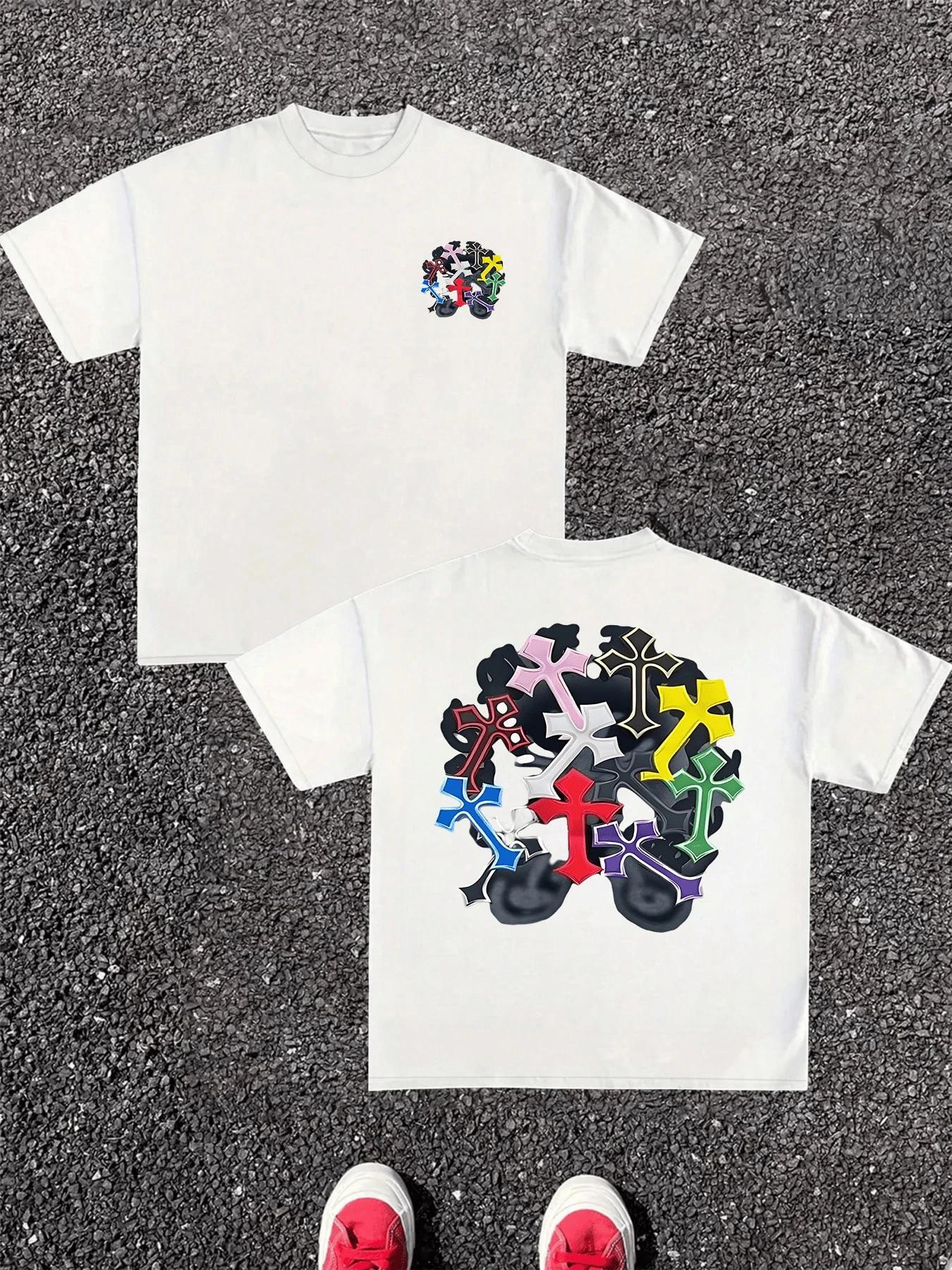 T-shirt pour homme en pur coton, impression numérique double face avec croix colorées, graphique uni