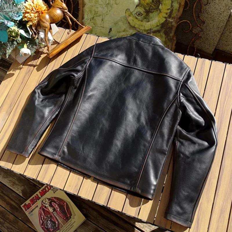 Veste en cuir de style vintage rétro noir pour hommes, manteau en cuir véritable, peau de cheval nat