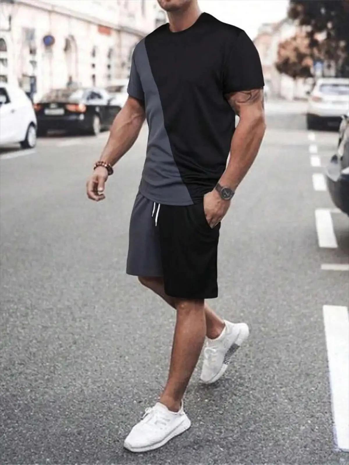 Ensemble T-shirt et short à col rond pour hommes, ensemble deux pièces décontracté avec lettres rayé