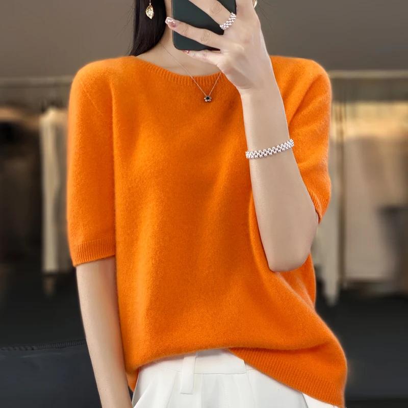 T-shirt tricoté à col rond pour femme, 100% laine mérinos, pull coréen à manches courtes, basique, c