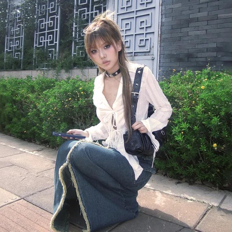 Chemise plissée à col en V Fairycore, chemisier à lacets, esthétique, Trash, style japonais irréguli