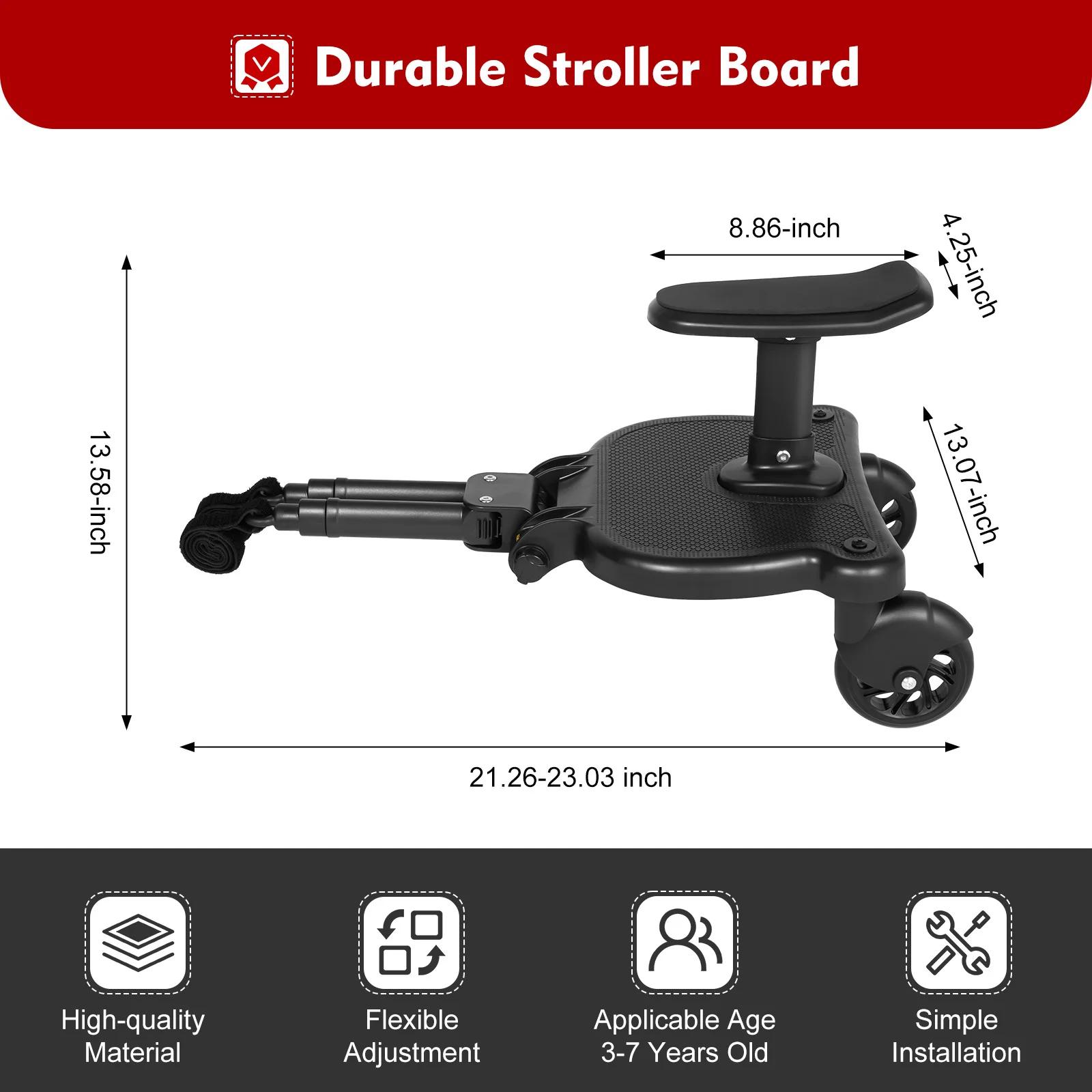 Planche de poussette 2-en-1 avec siège, longueur et hauteur réglables, capacité de 25 kg, connecteur