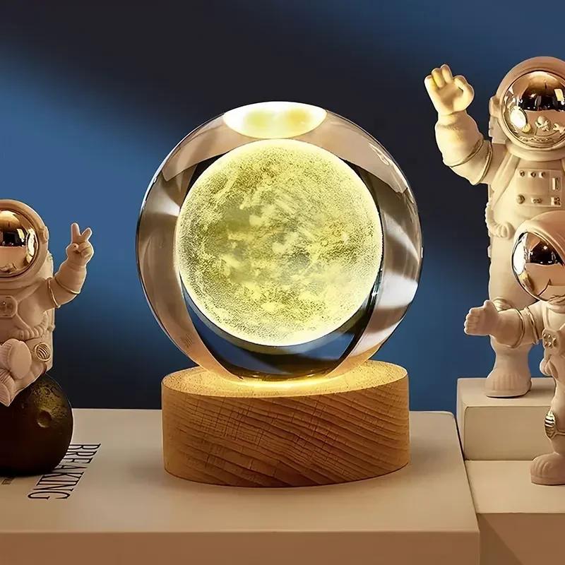 Boule de cristal 3D de 6cm, boule de verre planète terre, Base en bois, système solaire, galaxie, as