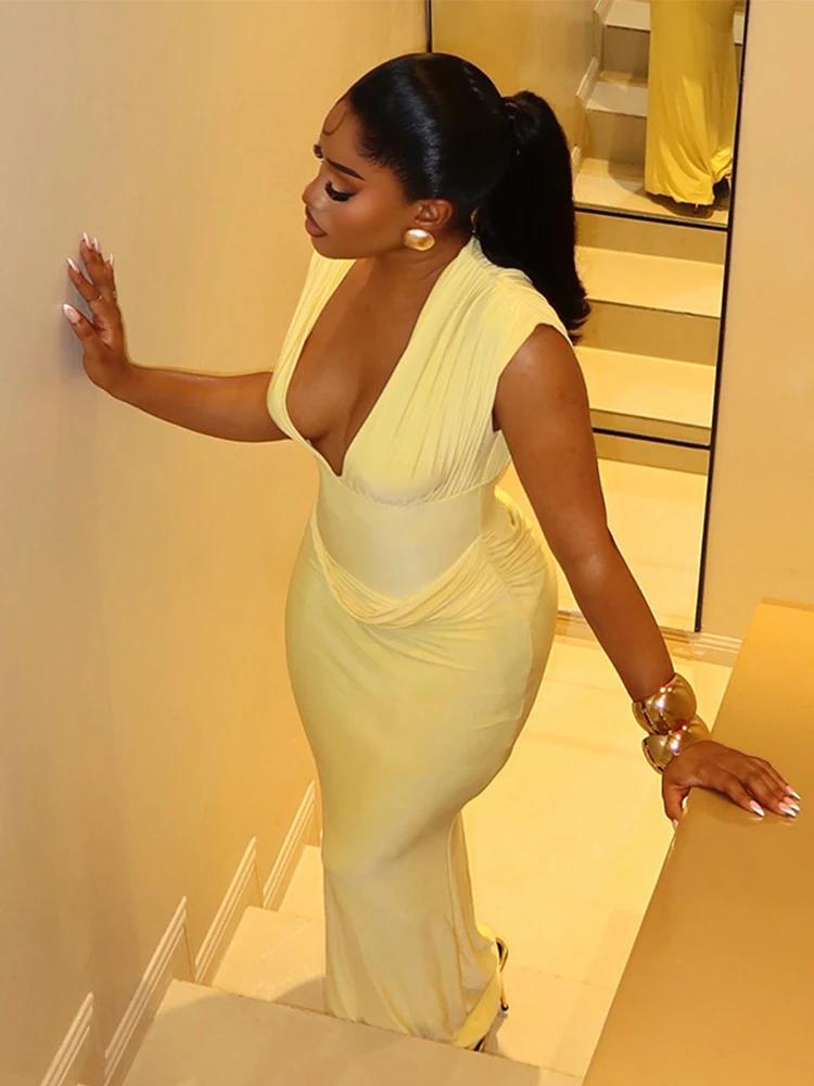 Sexy froncé moulante robe Maxi femmes solide sans manches col en v mince longues robes femme soirée 