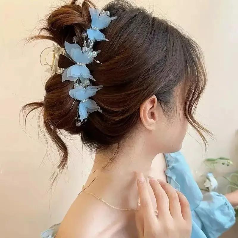Pince à griffes papillon transparente bleu clair/rose |   Pince à cheveux Fairycore en perles et str