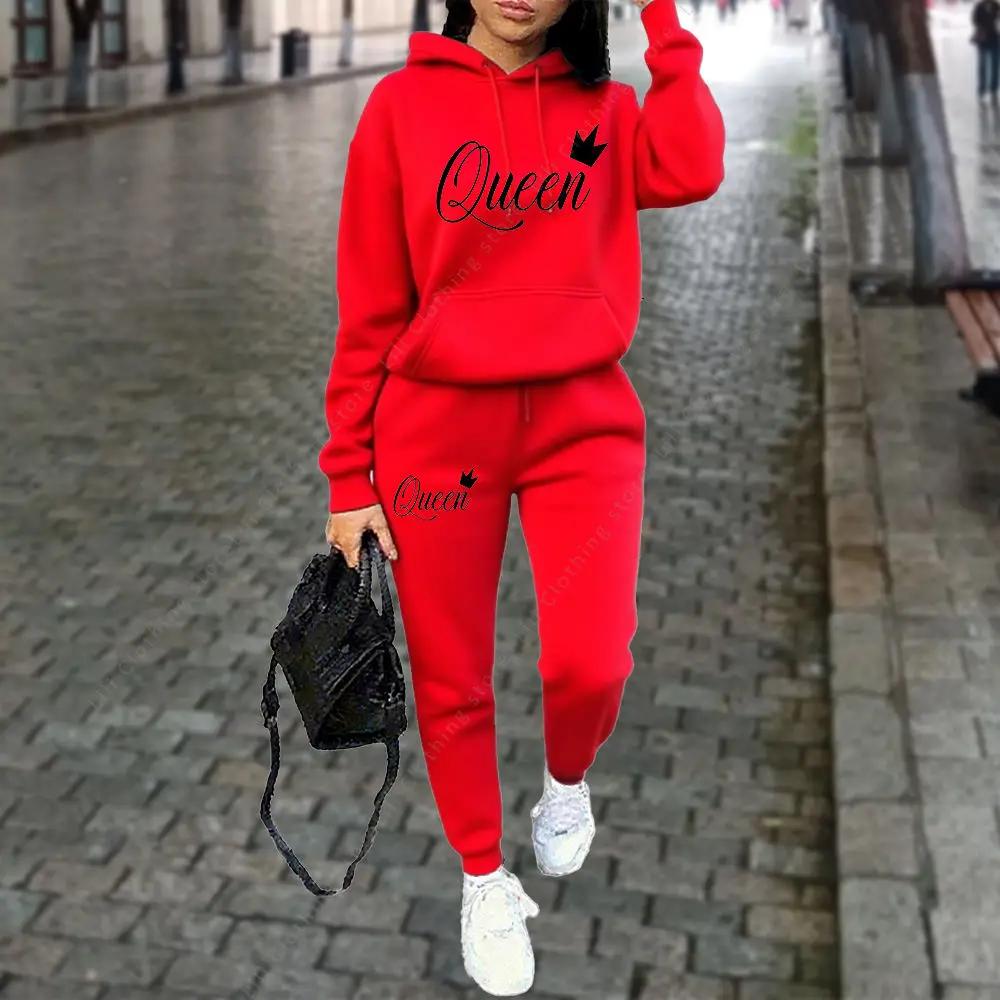 Ensemble 2 pièces pour femme avec imprimé graphique Queen Letter, sweat à capuche et pantalon, tenue