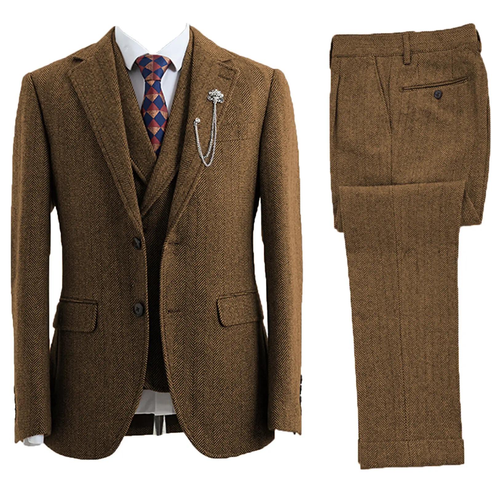 Tuxedos croisés à chevrons en tweed trempé pour hommes, vêtements de mariage, 3 pièces, taille