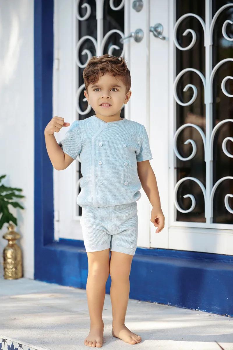 Vêtements assortis à fleurs et tricotés pour enfants, 2024 coton, collection été bleu Shabbos, soeur