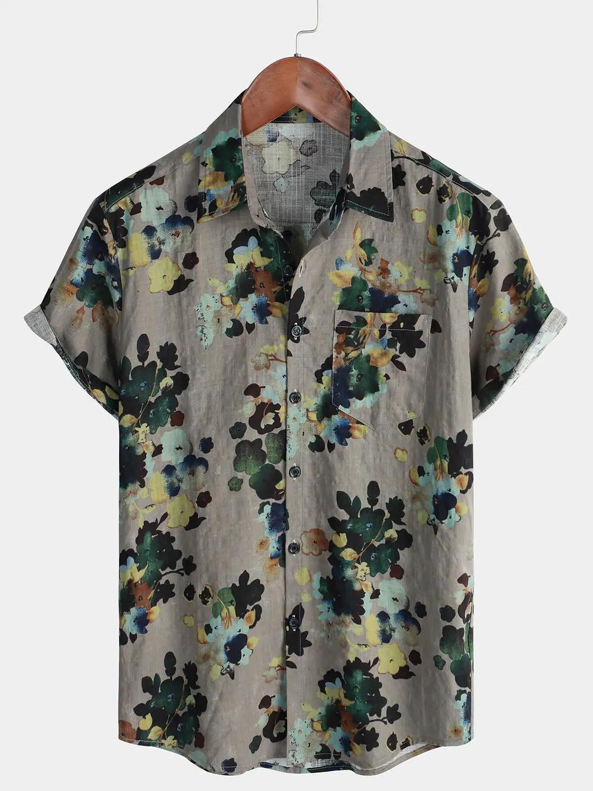 Chemise à manches courtes à imprimé floral rétro pour hommes chemise décontractée à revers simple bo