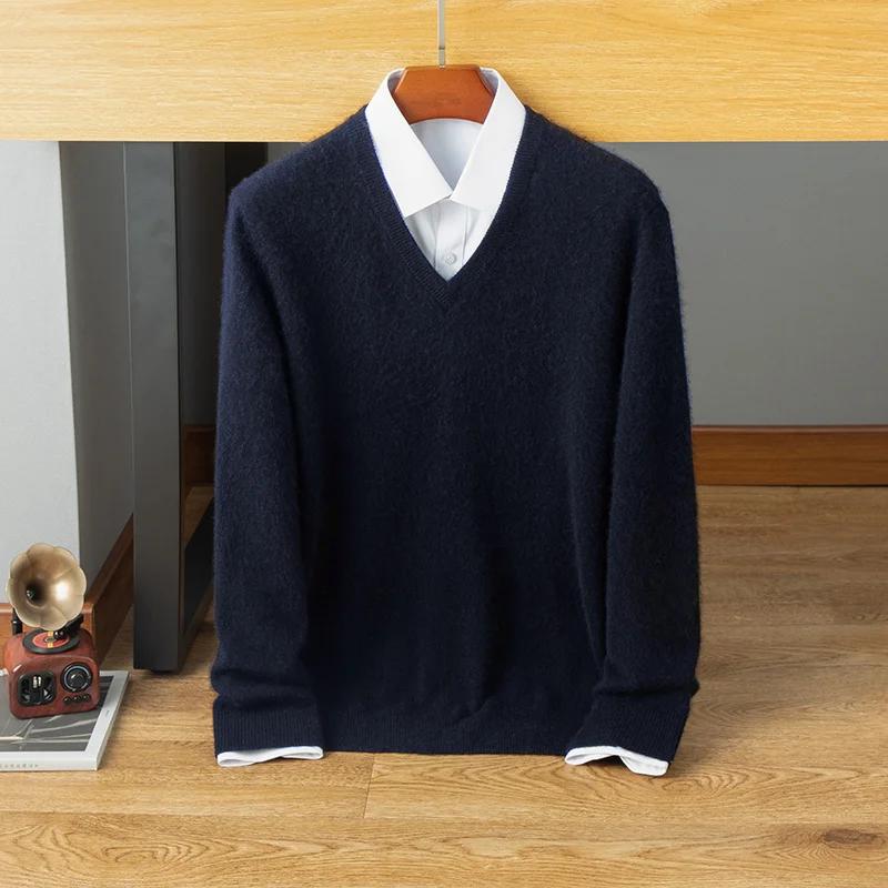 Pull en cachemire pur pour hommes, 100%, business décontracté, couleur unie, tricoté, ample, col en 