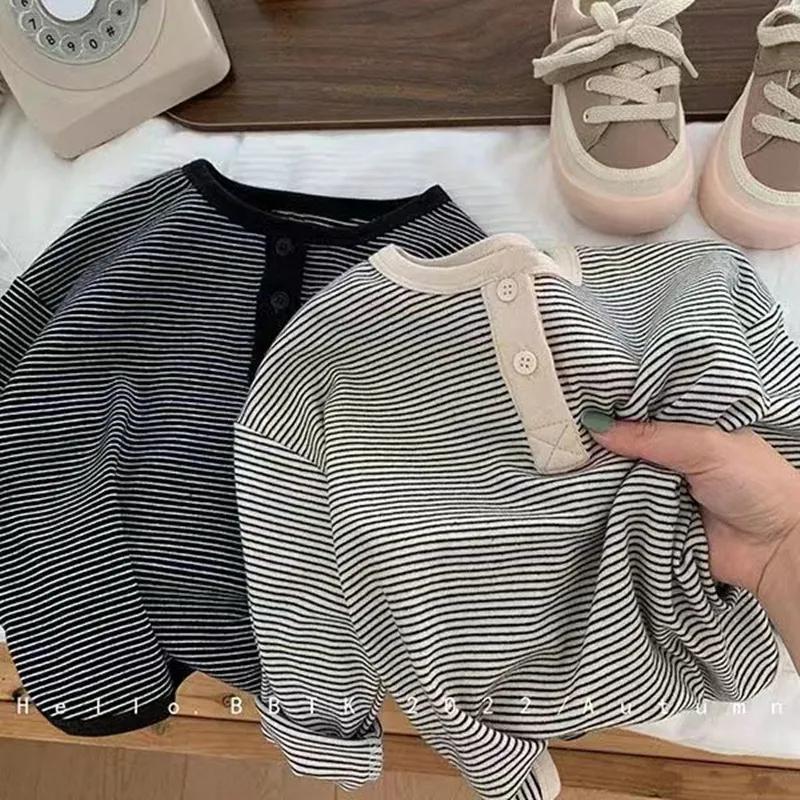 T-shirt à manches longues pour enfants, chemise à rayures coréennes pour garçons et filles, haut Sim