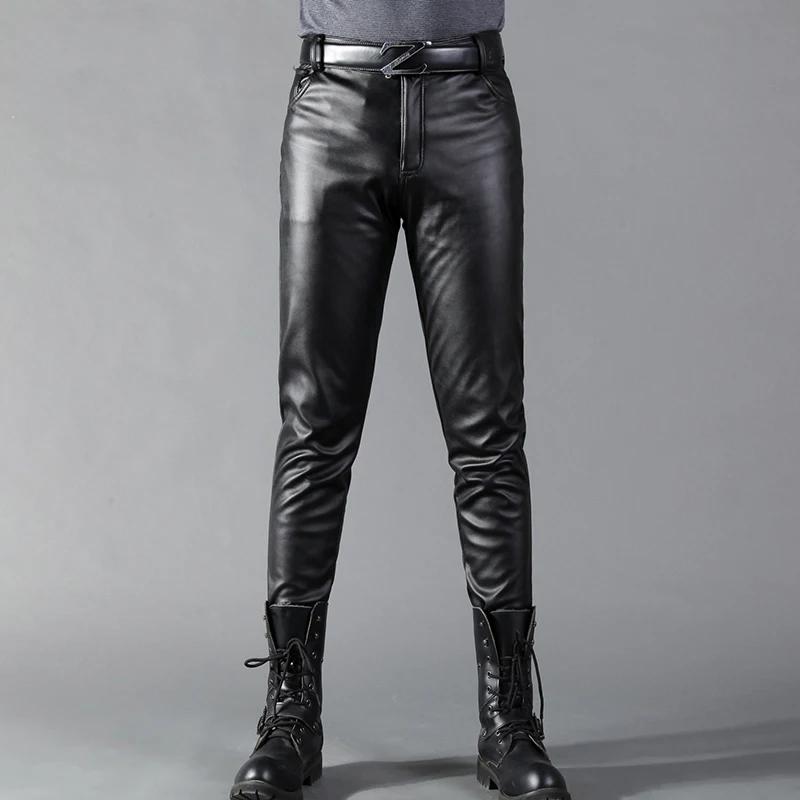 Pantalon en cuir pour hommes, coupe slim, élastique, mode, pantalon de motard en cuir PU, pantalon d