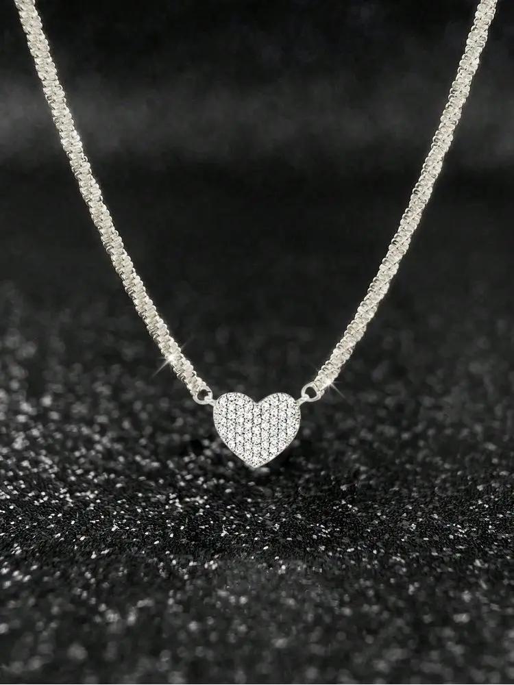 Collier en argent Sterling 925 pour femmes, en Zircon complet, en forme de cœur d'amour, pour fiança